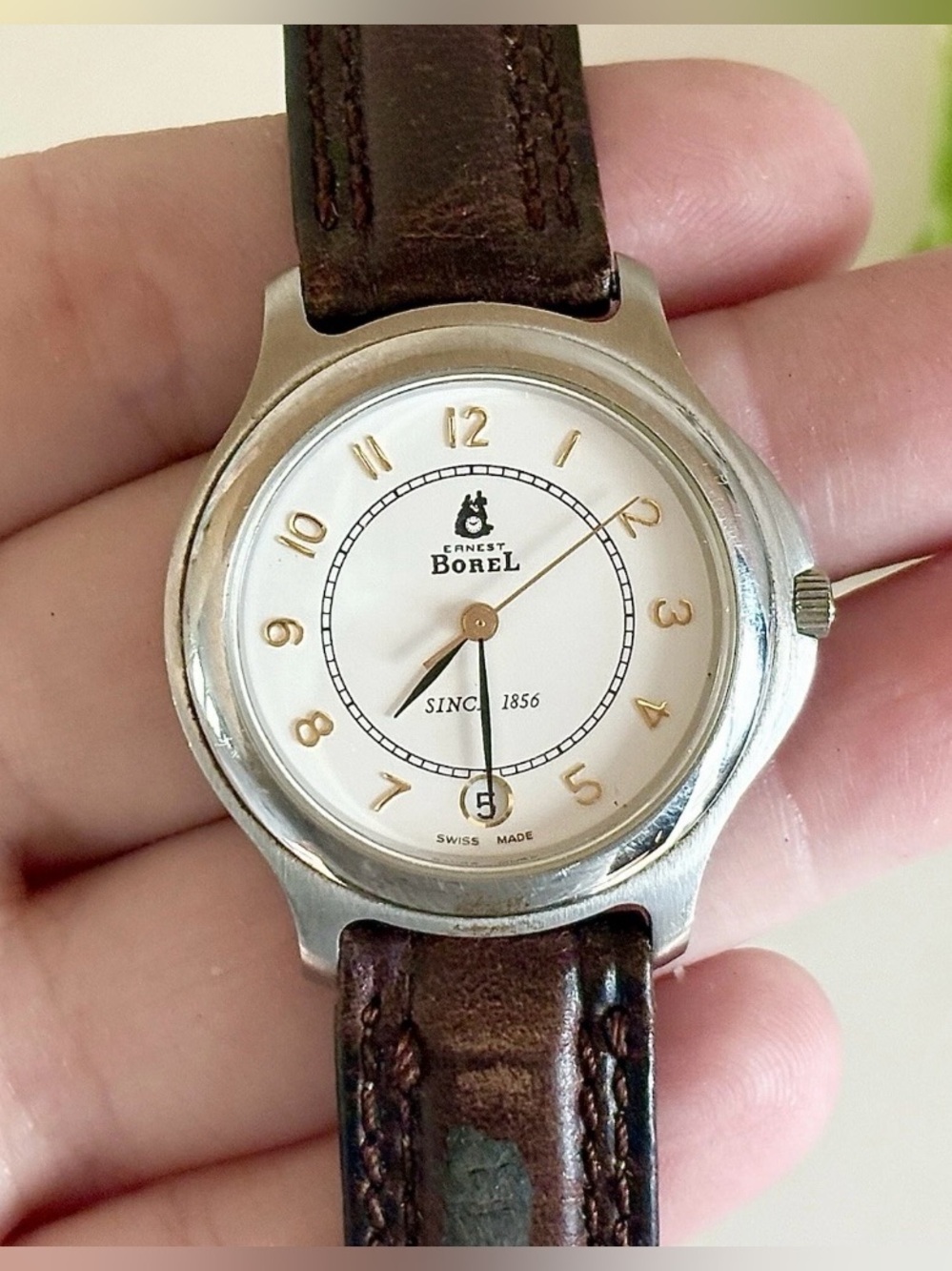 Rare Vintage Ernest Borel Day/Date Swiss Luxury Brown Leather Two-Tone Men Watch